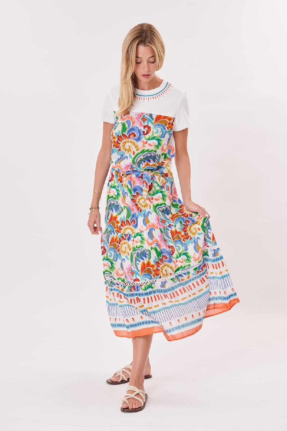 Derhy Jupe Longue Imprimée En Coton Et Dentelle VICKIE