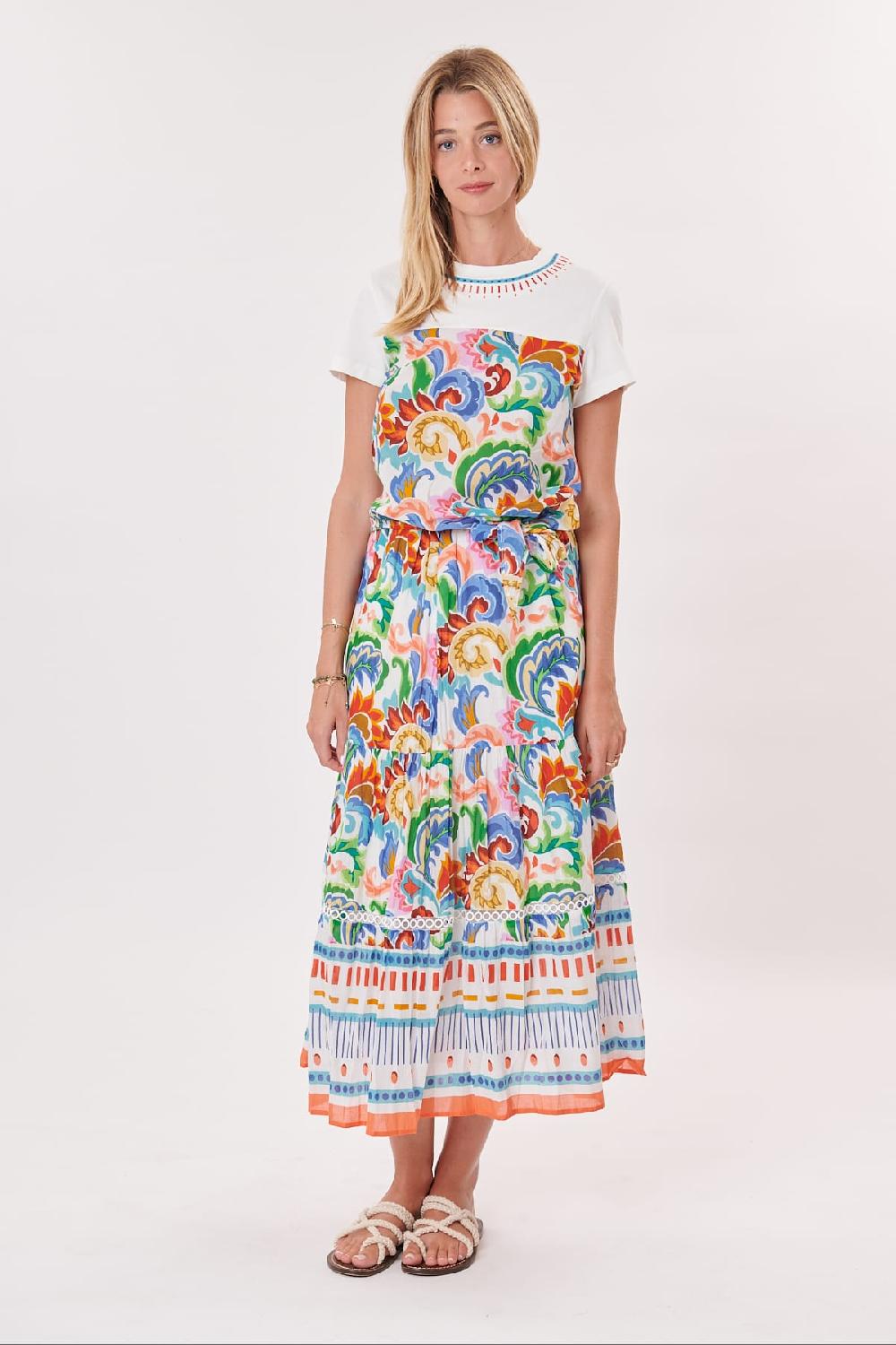 derhy Jupe longue imprimée en coton et dentelle VICKIE