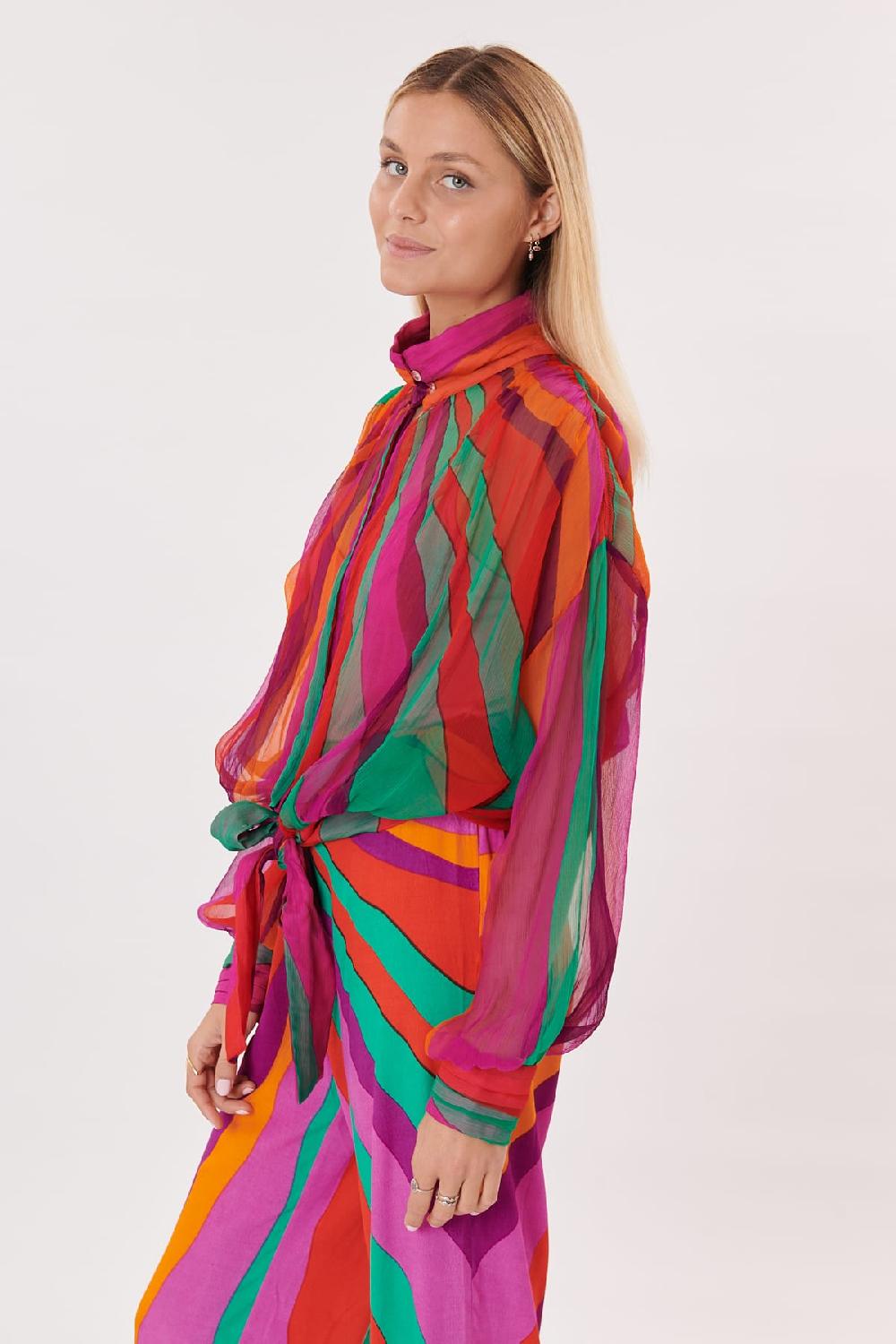 Derhy Rock Blouse En Chiffon Imprimé Manches Longues Et Col Victorien