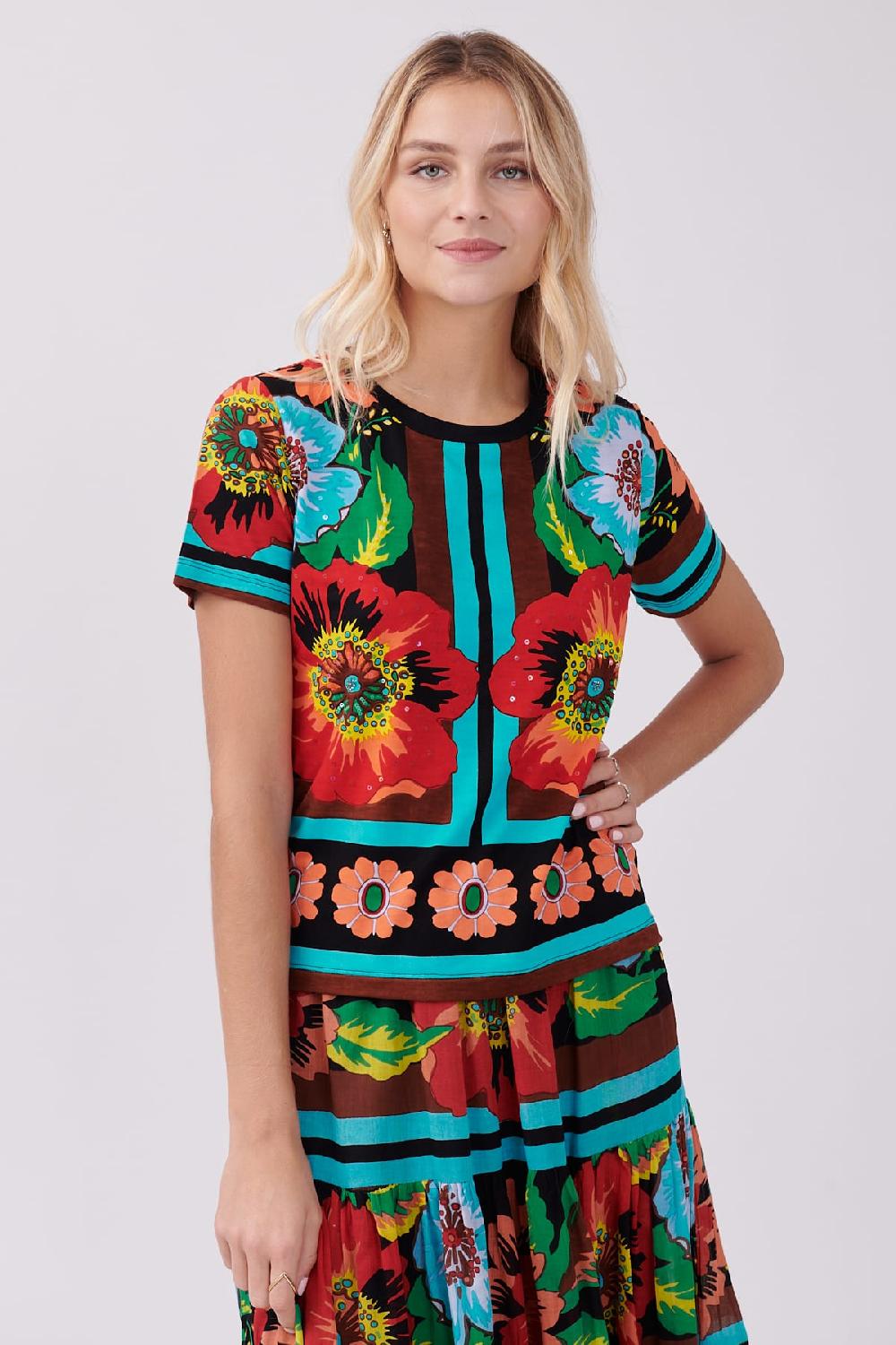 derhy Tee shirt imprimé floral et paillettes à col rond KIMMY