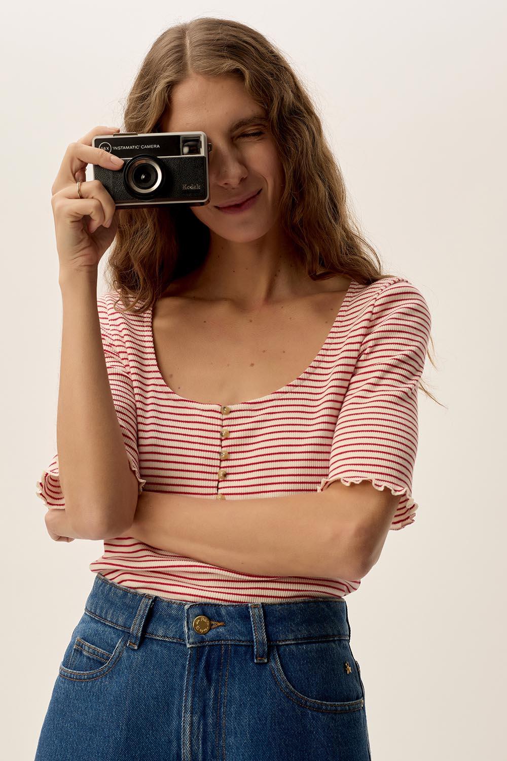 Des Petit Hauts Tee-shirt Ines Cerise/Creme