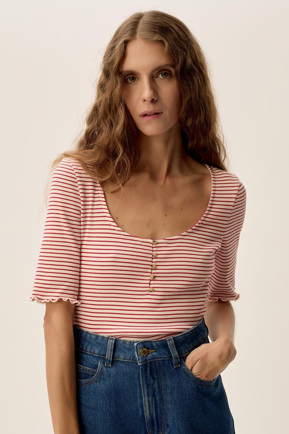 Des Petit Hauts Tee-shirt Ines Cerise/Creme