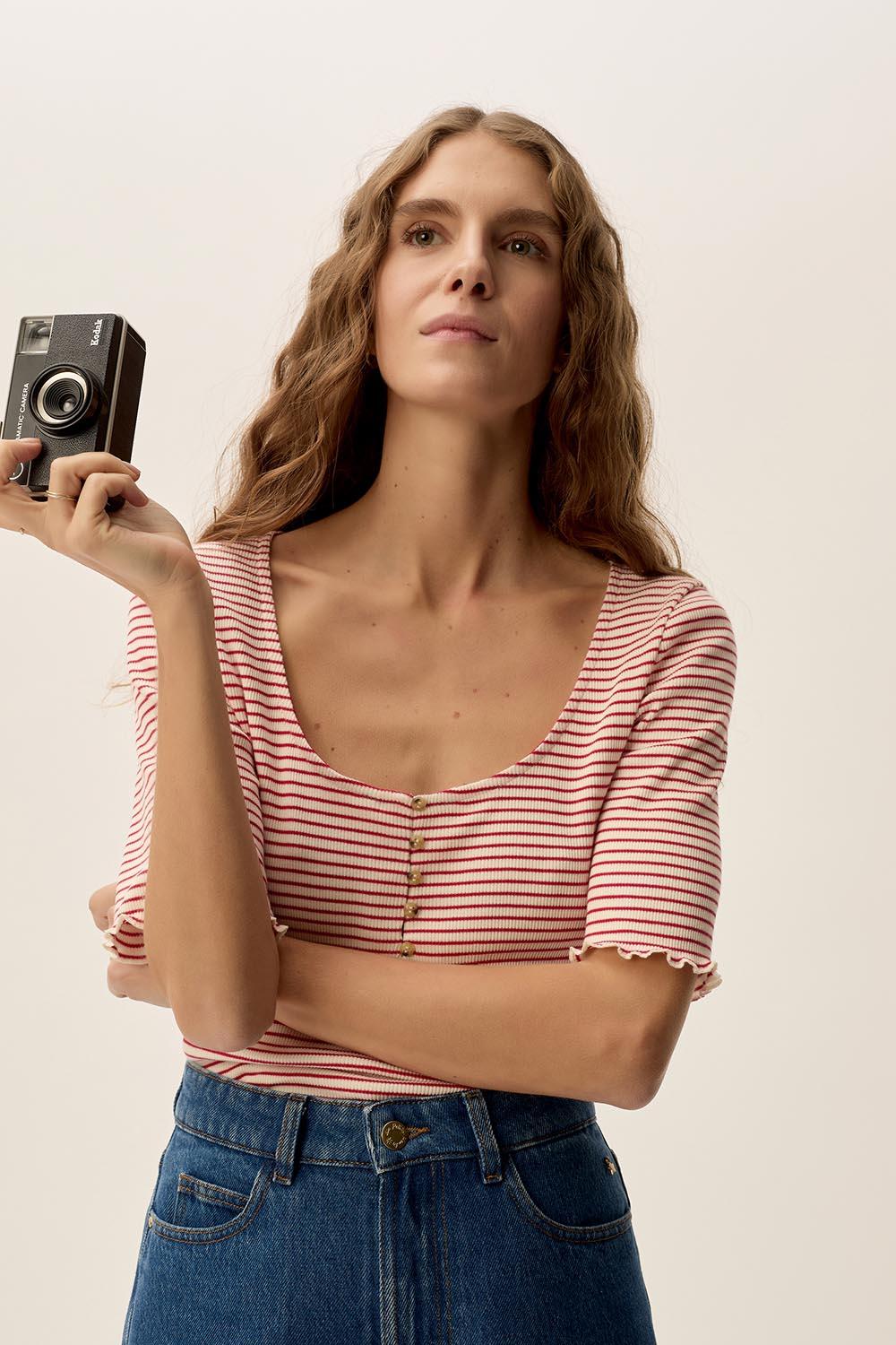 Des Petit Hauts Tee-shirt Ines Cerise/Creme