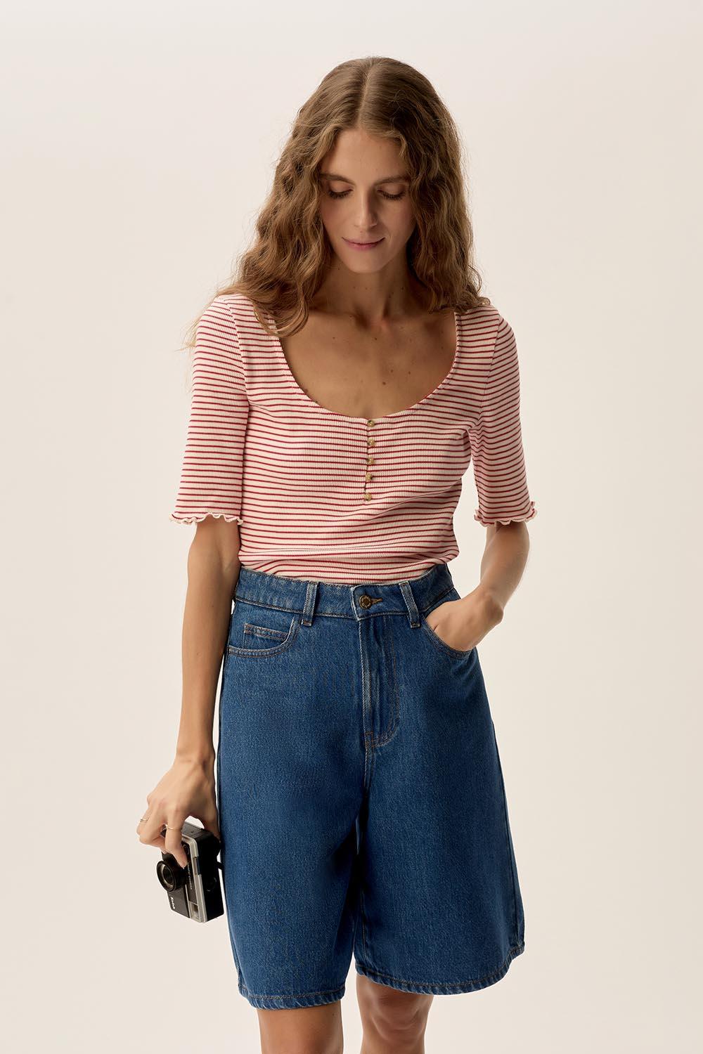 des petit hauts Tee-shirt Ines Cerise/Creme