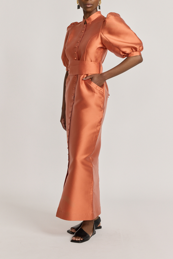 D'estrëe Paris APRICOT Satin Puff Sleeve Long Dress