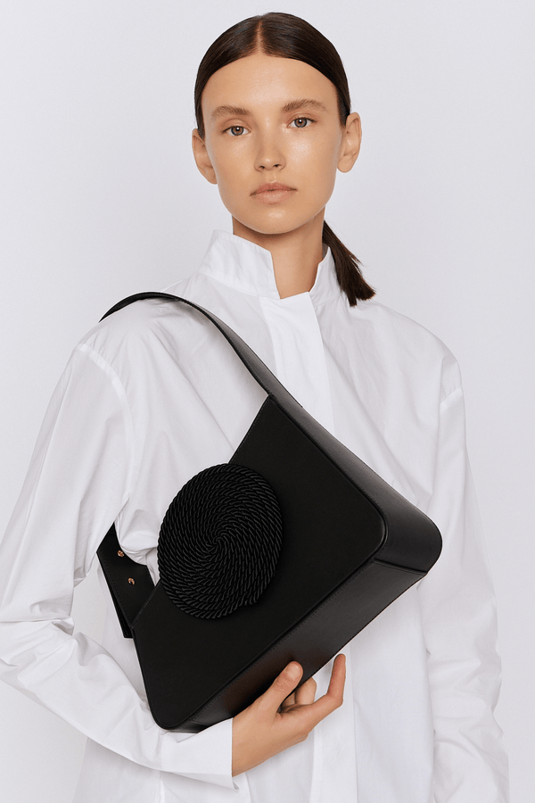 D'estrëe Paris Asymmetric Black Leather Bag With Passementerie Detail