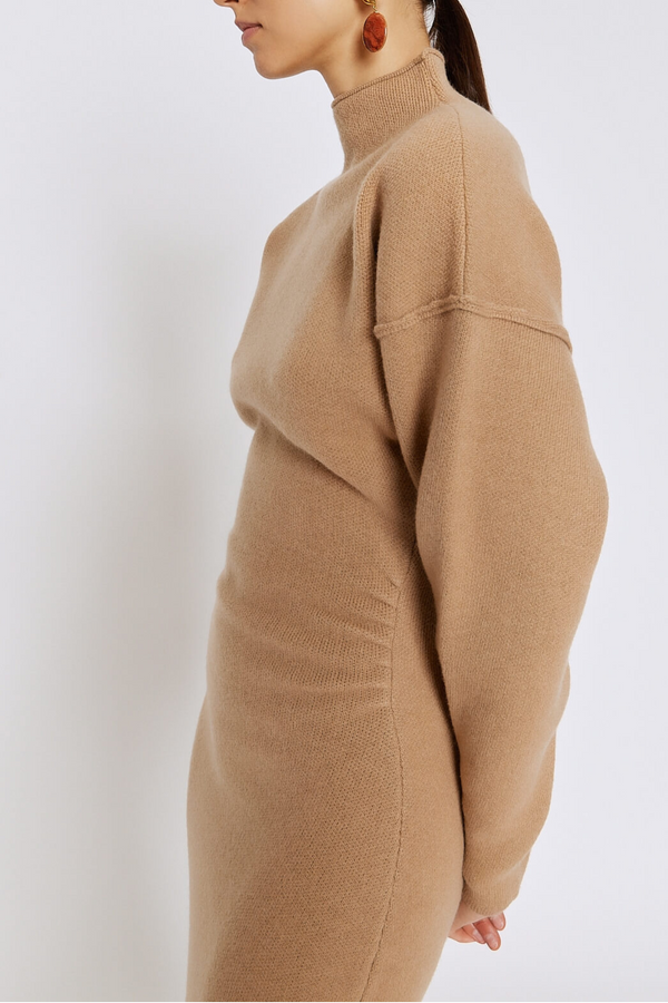 D'estrëe Paris BEIGE Wool And Cashmere Midi Dress With High Neck