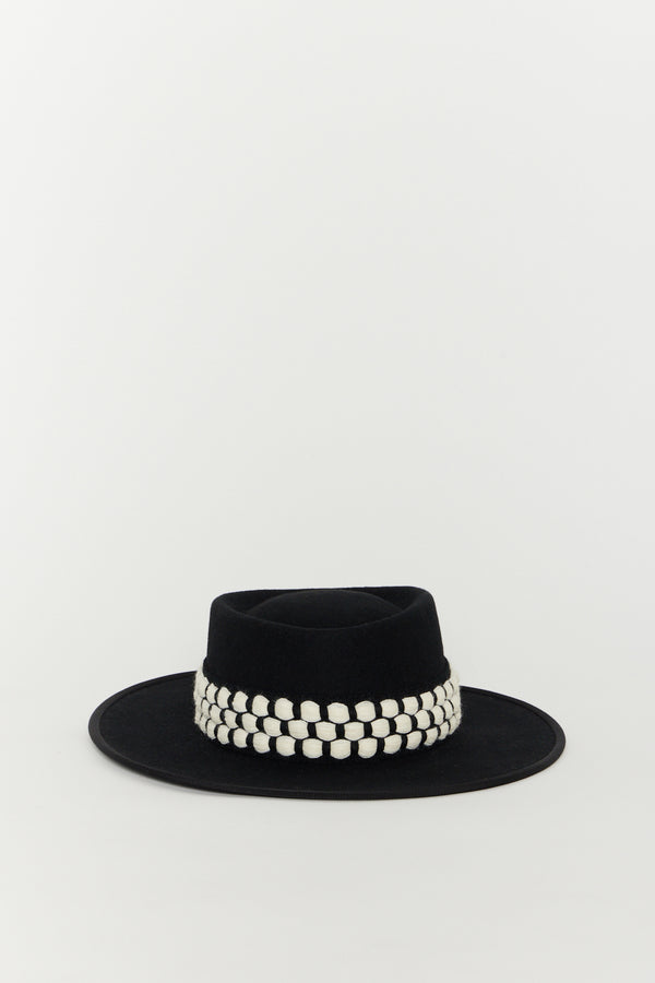 d'estrëe paris Black Felt Wide-Brim Hat with White Band