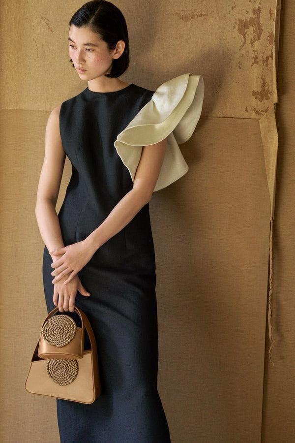 D'estrëe Paris BLACK & WHITE Crepe Midi Dress With Asymmetric Ruffle Detail