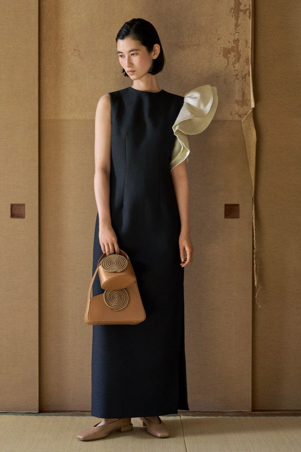 D'estrëe Paris BLACK & WHITE Crepe Midi Dress With Asymmetric Ruffle Detail