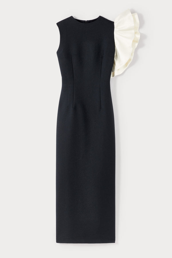 d'estrëe paris BLACK & WHITE Crepe Midi Dress with Asymmetric Ruffle Detail