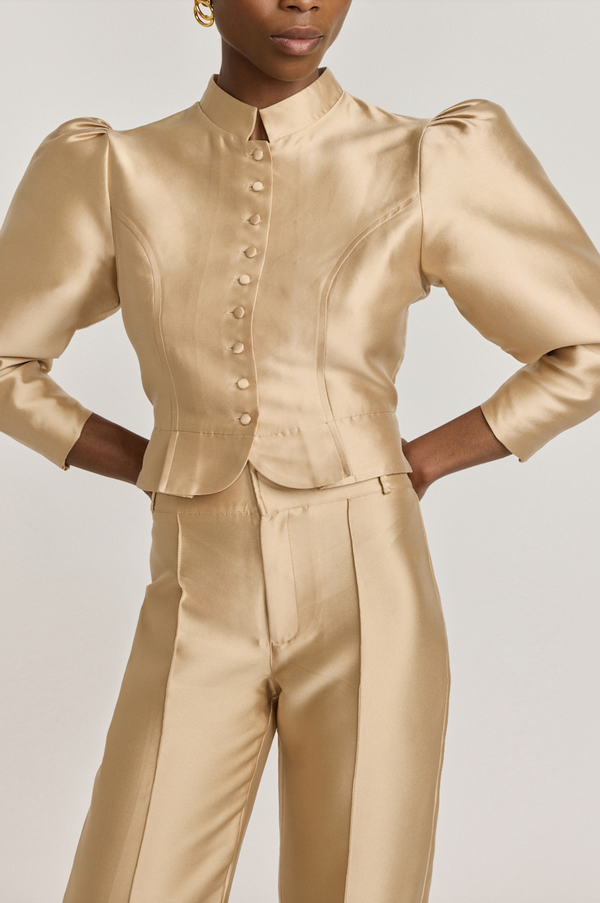 D'estrëe Paris BEIGE Satin Puff Sleeve Jacket