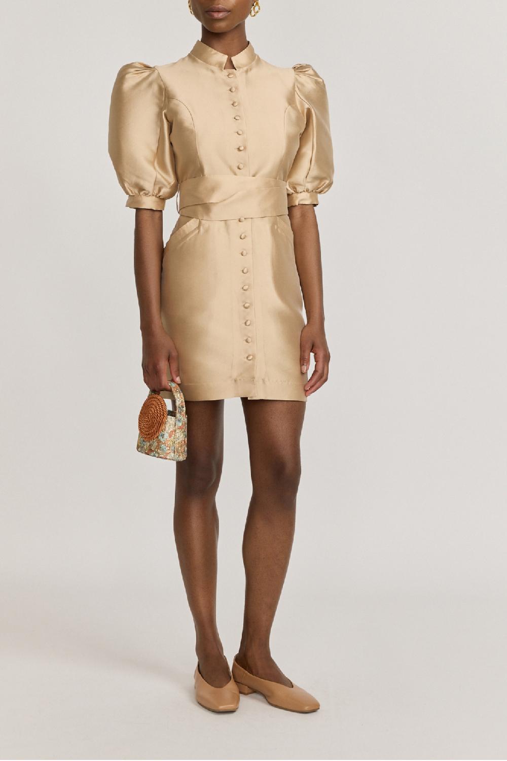 D'estrëe Paris BEIGE Satin Puff Sleeve Mini Dress