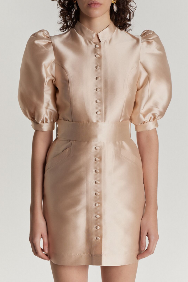 D'estrëe Paris Nude Satin Puff Sleeve Mini Dress