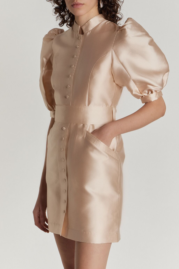 D'estrëe Paris Nude Satin Puff Sleeve Mini Dress