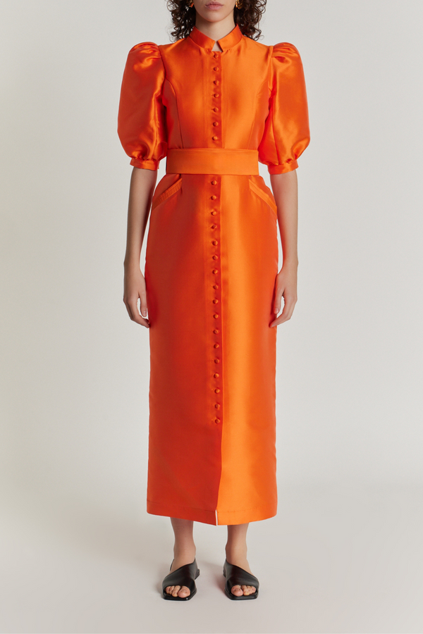 D'estrëe Paris ORANGE Satin Puff Sleeve Maxi Dress