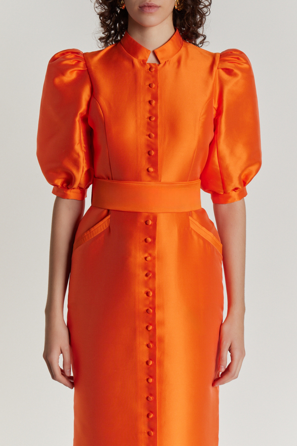D'estrëe Paris ORANGE Satin Puff Sleeve Maxi Dress