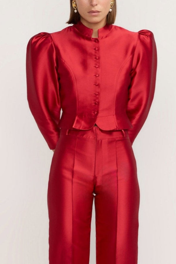D'estrëe Paris Red Satin Puff Sleeve Jacket