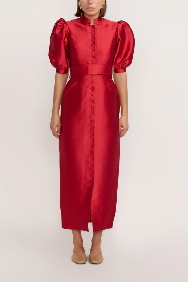 D'estrëe Paris Red Satin Puff Sleeve Long Dress