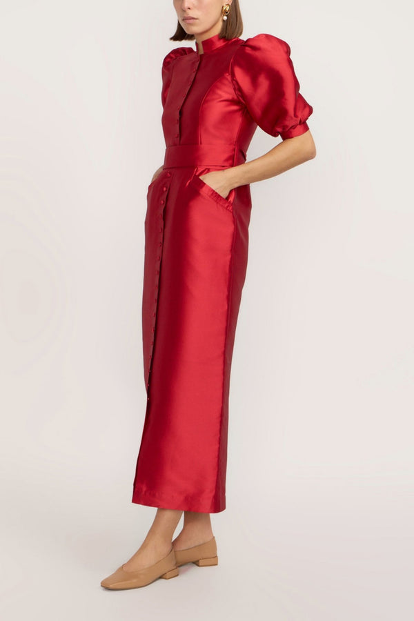D'estrëe Paris Red Satin Puff Sleeve Long Dress