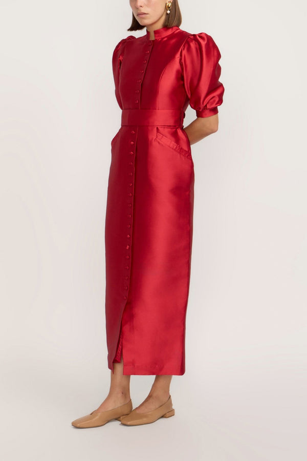D'estrëe Paris Red Satin Puff Sleeve Long Dress