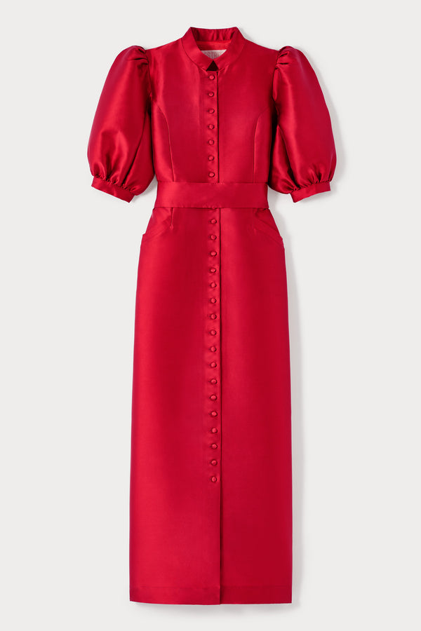 d'estrëe paris Red Satin Puff Sleeve Long Dress