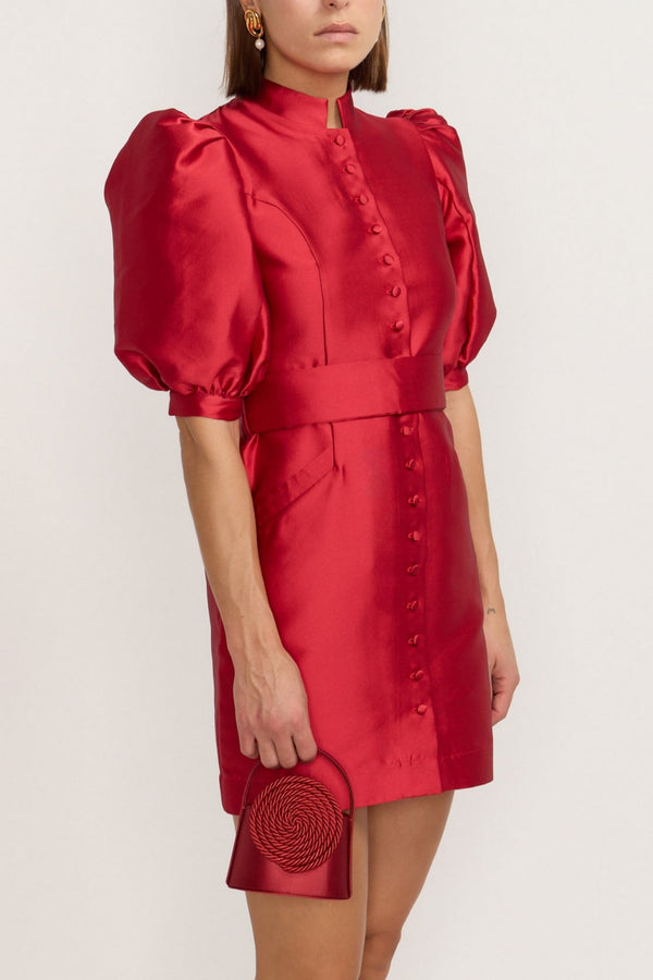D'estrëe Paris Red Satin Puff Sleeve Mini Dress