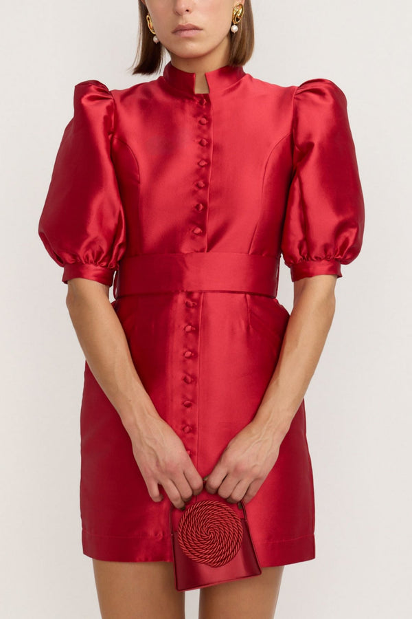 D'estrëe Paris Red Satin Puff Sleeve Mini Dress