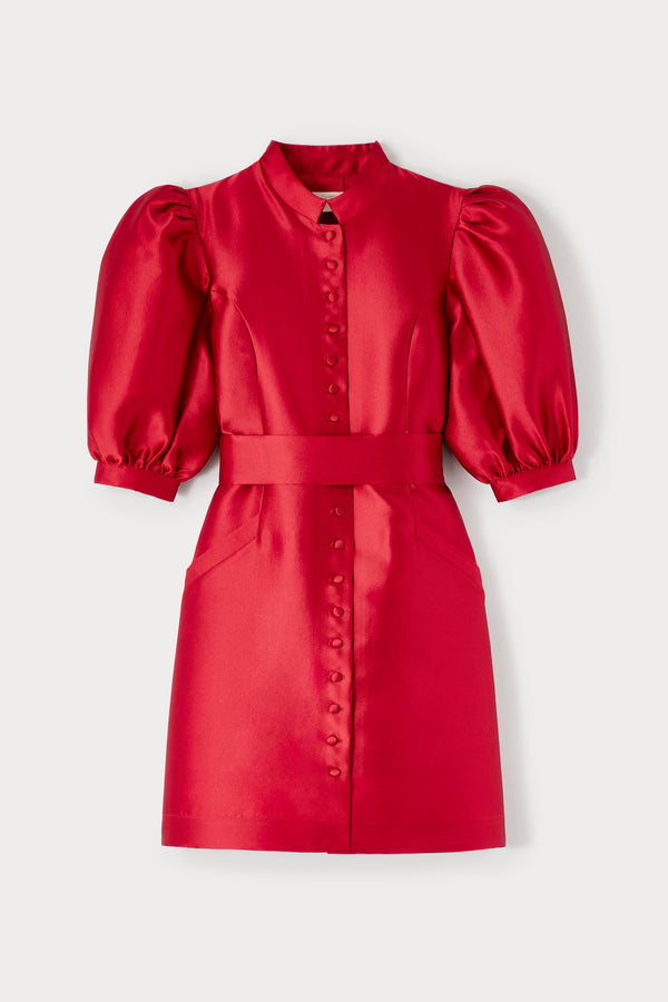 d'estrëe paris Red Satin Puff Sleeve Mini Dress