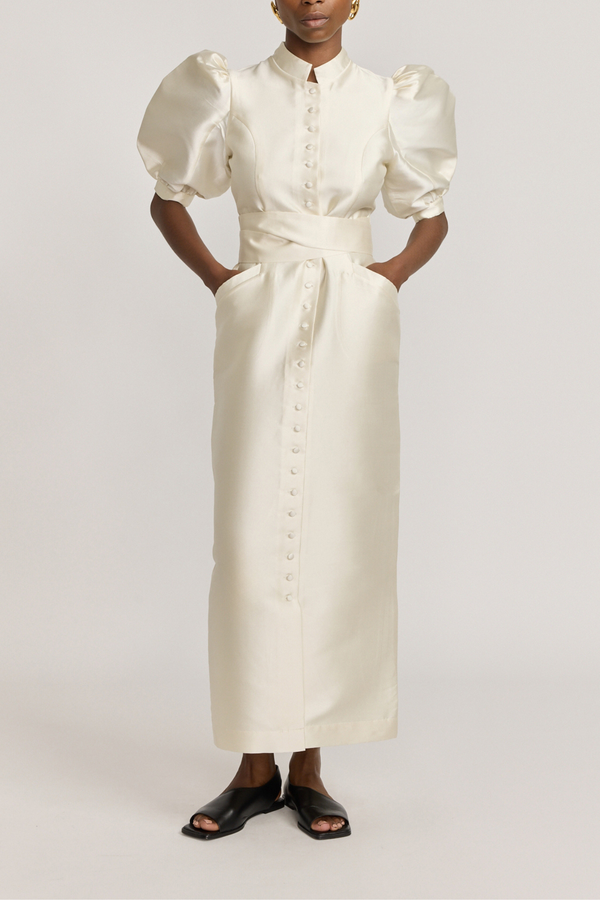 D'estrëe Paris WHITE Satin Puff Sleeve Long Dress