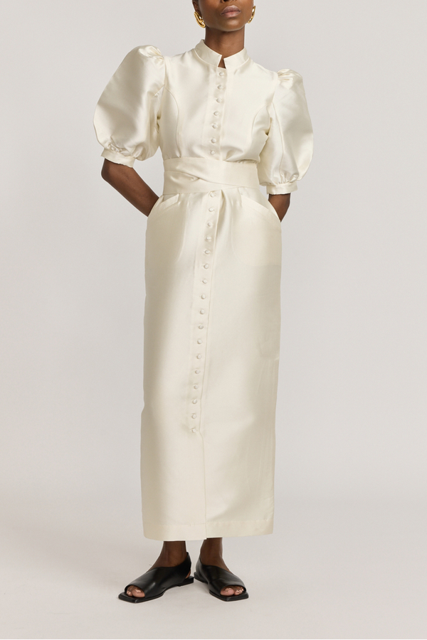 D'estrëe Paris WHITE Satin Puff Sleeve Long Dress