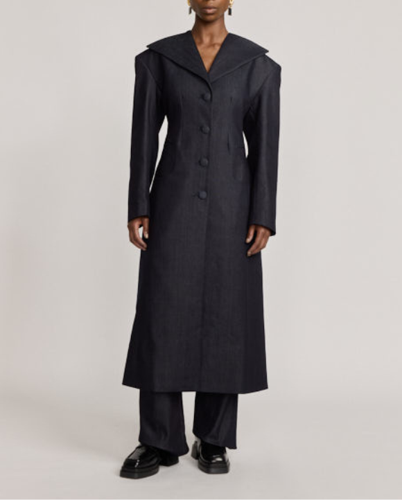 D'estrëe Paris DARK DENIM Long Coat With Shawl Collar And Button Details