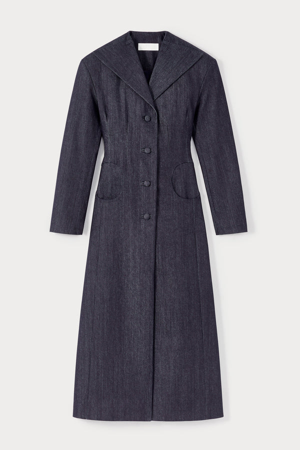 d'estrëe paris DARK DENIM Long Coat with Shawl Collar and Button Details