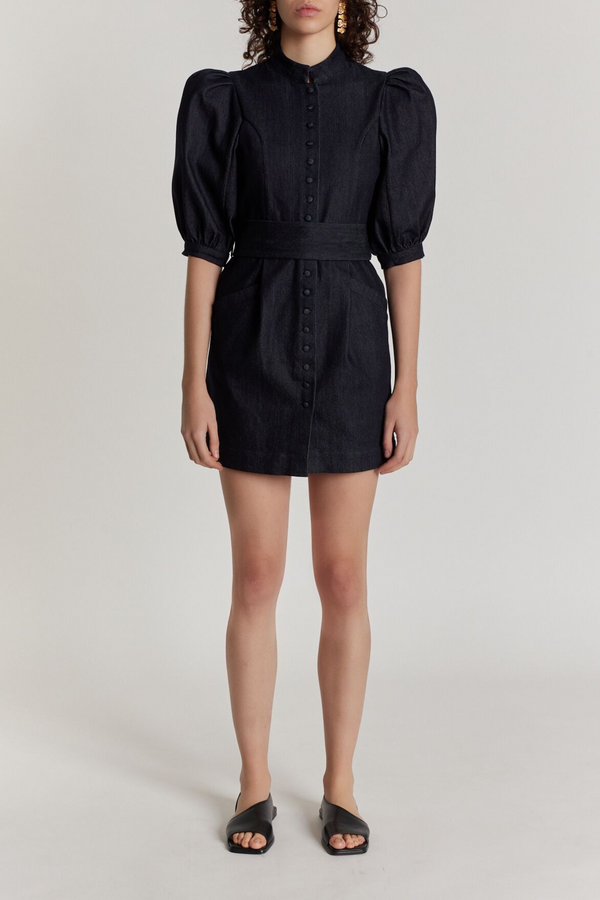 D'estrëe Paris DARK DENIM Poplin Puff Sleeve Mini Dress