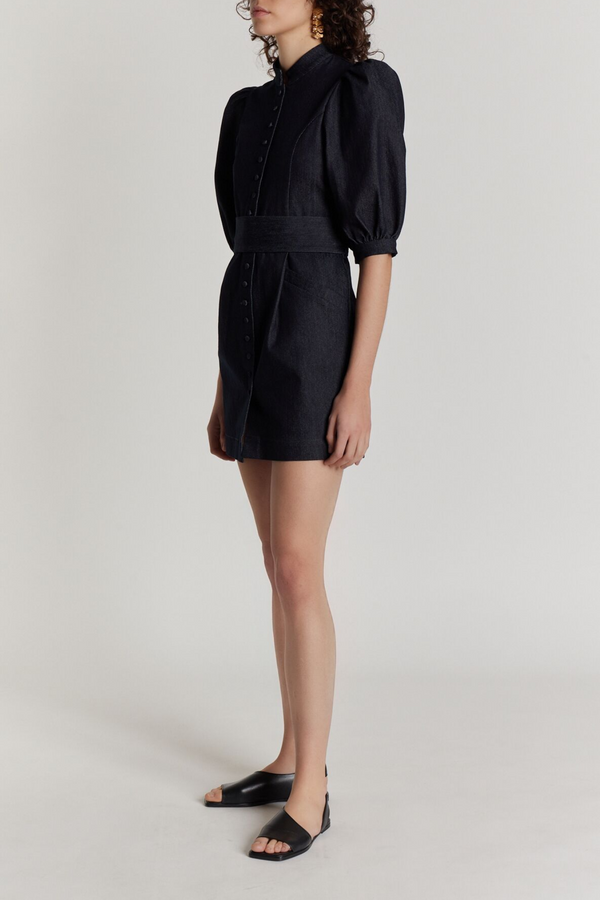 D'estrëe Paris DARK DENIM Poplin Puff Sleeve Mini Dress