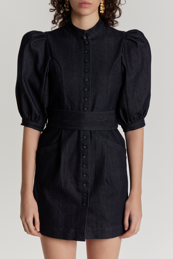 D'estrëe Paris DARK DENIM Poplin Puff Sleeve Mini Dress