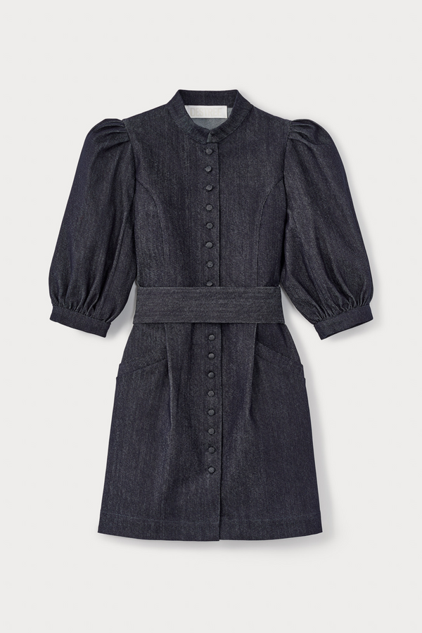 d'estrëe paris DARK DENIM Poplin Puff Sleeve Mini Dress