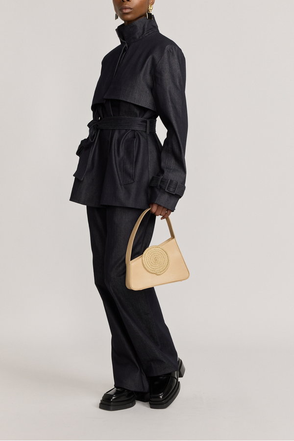 D'estrëe Paris DARK DENIM Short Trench Coat With Belted Cuffs