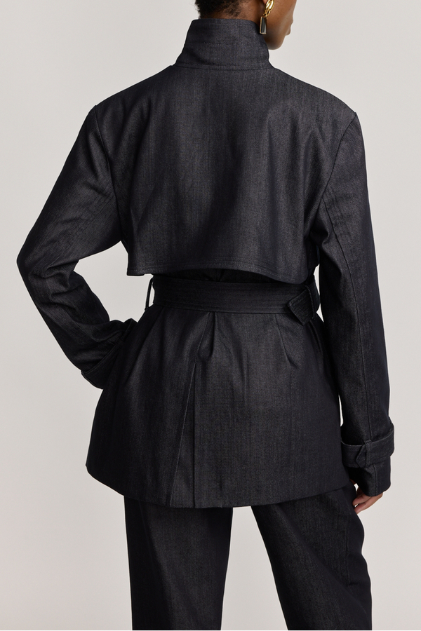 D'estrëe Paris DARK DENIM Short Trench Coat With Belted Cuffs