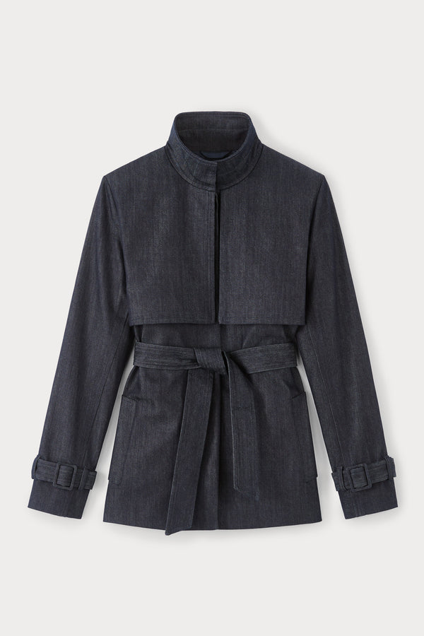 d'estrëe paris DARK DENIM Short Trench Coat with Belted Cuffs