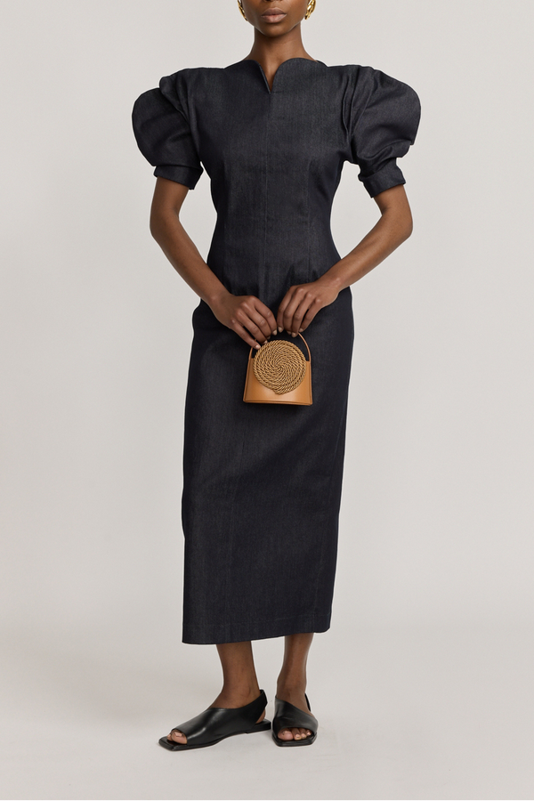 D'estrëe Paris DARK DENIM Sweetheart Neckline Long Dress With Puff Sleeves