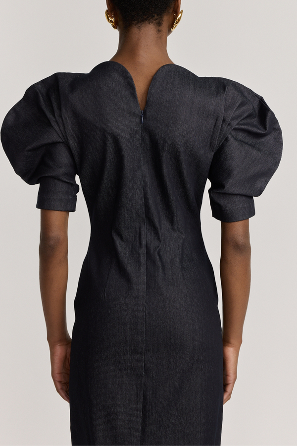 D'estrëe Paris DARK DENIM Sweetheart Neckline Long Dress With Puff Sleeves
