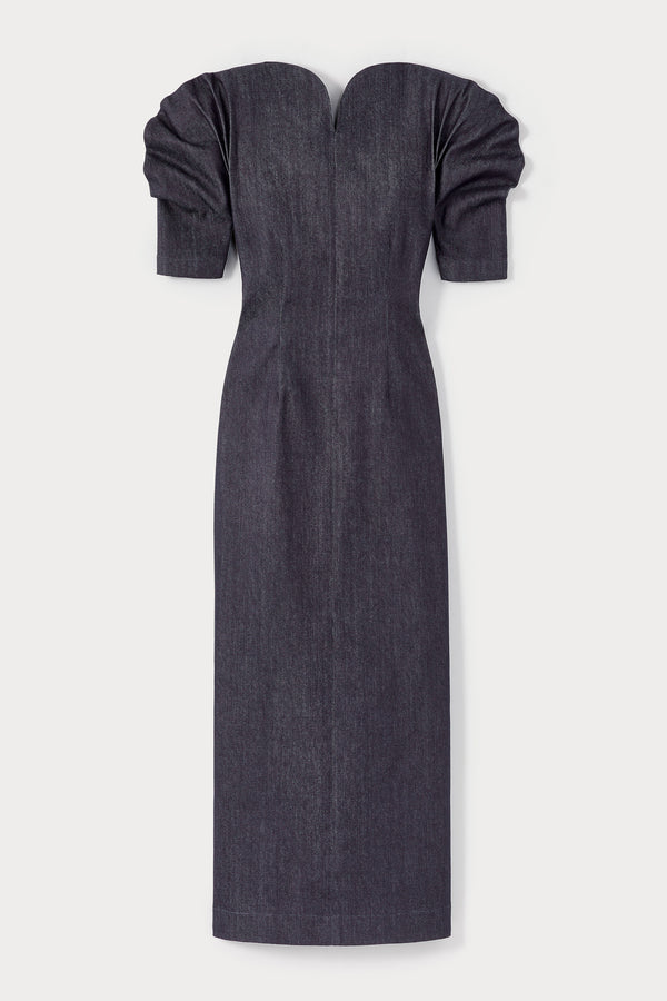 d'estrëe paris DARK DENIM Sweetheart Neckline Long Dress with Puff Sleeves