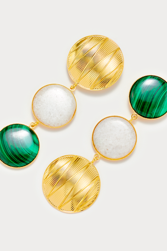 D'estrëe Paris Dark Green & Gold Geometric Double Stone Earrings