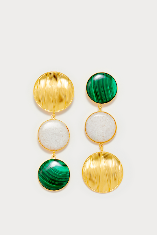d'estrëe paris Dark Green & Gold Geometric Double Stone Earrings
