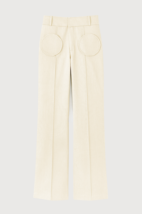d'estrëe paris DENIM ECRU Flared Pants with Circular Pocket Details