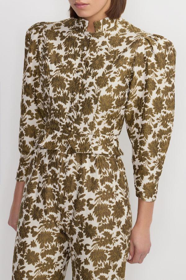 D'estrëe Paris FLORAL ECRU & BRONZE Puff Sleeve Jacket