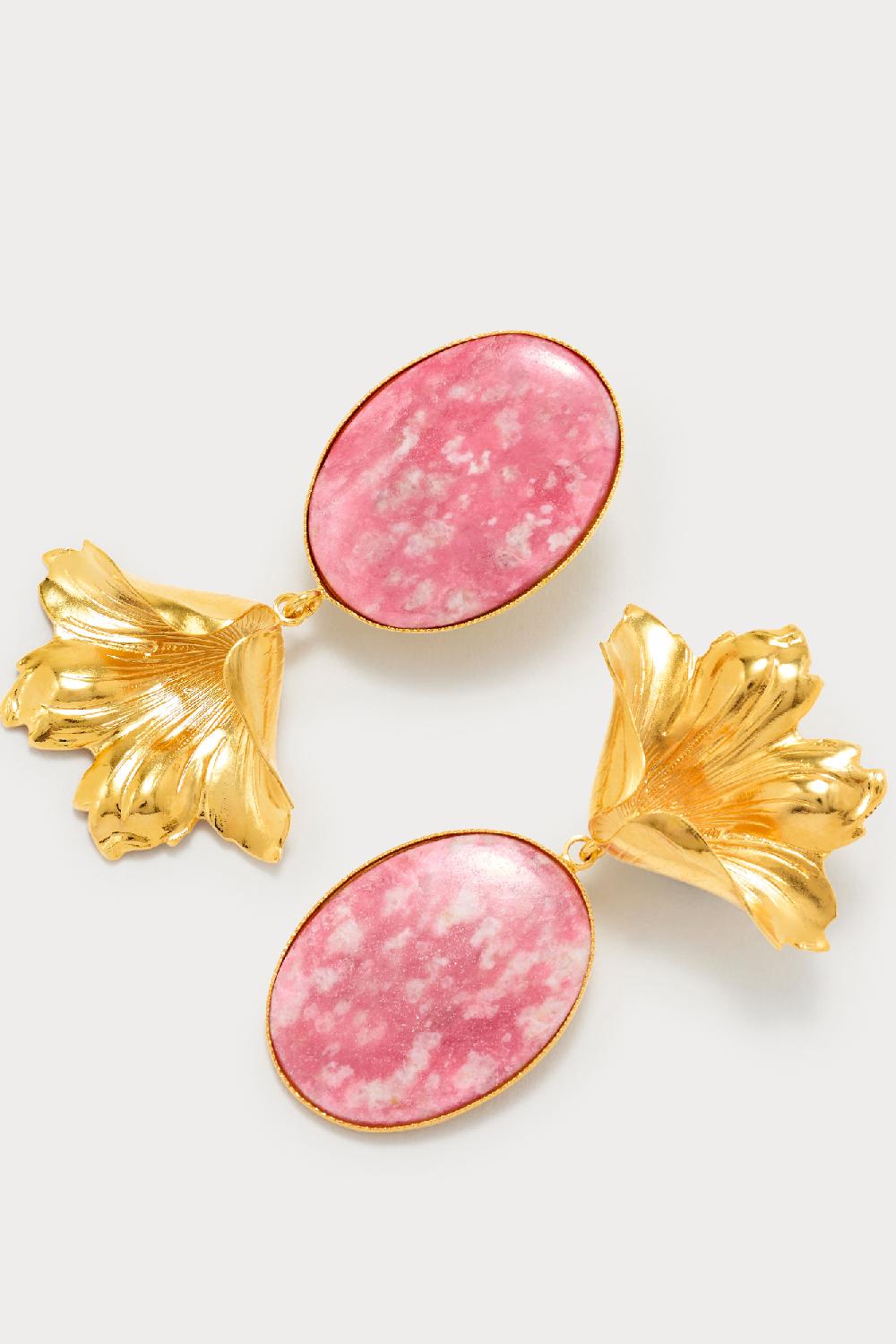 D'estrëe Paris Gold Flower Stud Earrings With Oval Drop