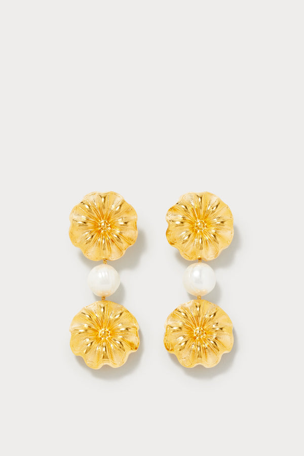 d'estrëe paris Gold Flower Stud Earrrings with Pearl Drop