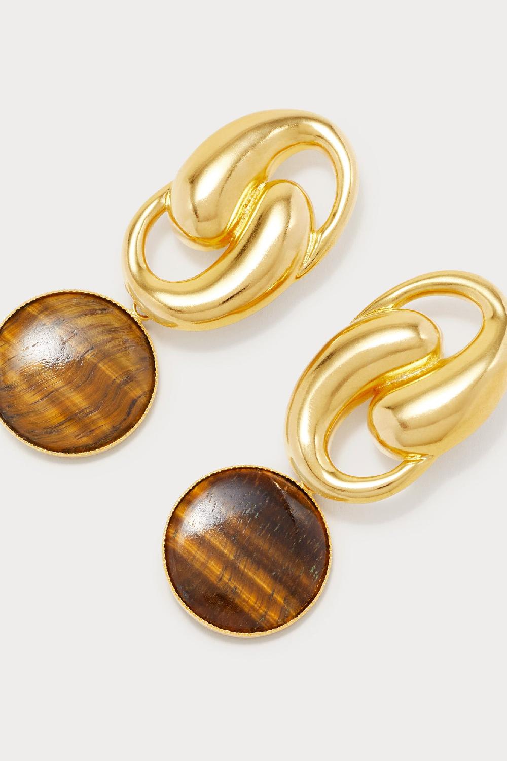 D'estrëe Paris Gold-Plated Tiger Eye Round Drop Earrings